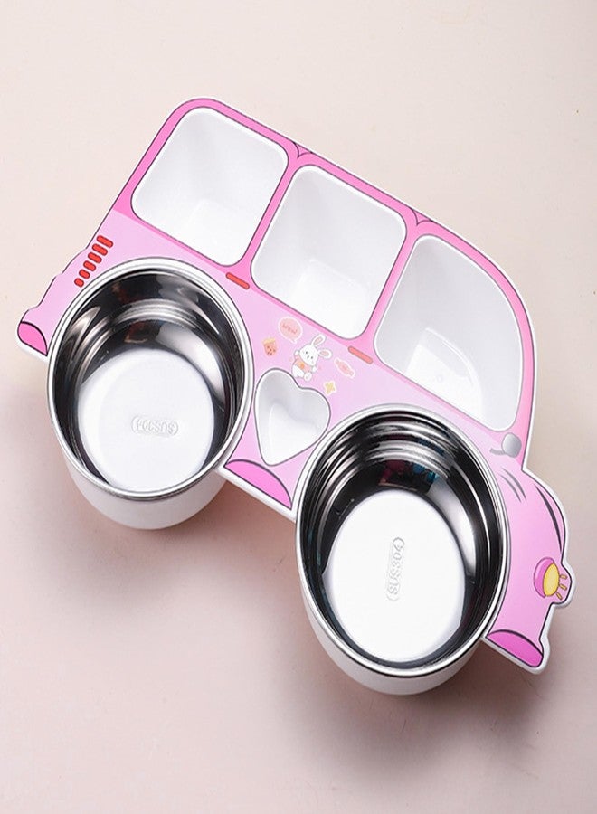 Bembika Stainless Steel Baby Feeding Plate ? Durable, Non-Toxic, Compact Kids Crockery Set with Safety Utensils for Tiny Hands, Easy to Clean, Perfect Baby Dinner Set-(Pink Car Design) - Image 1