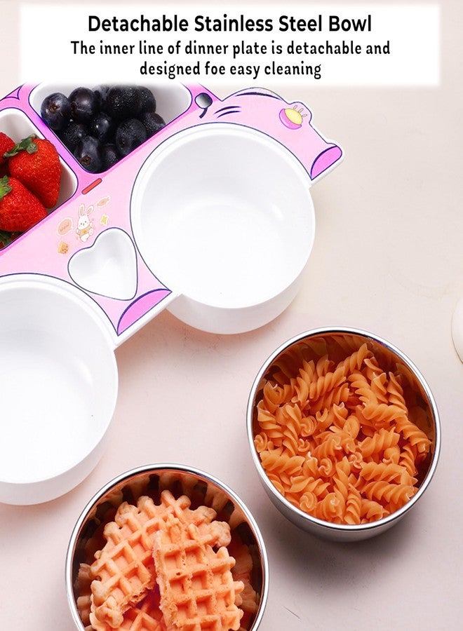 Bembika Stainless Steel Baby Feeding Plate ? Durable, Non-Toxic, Compact Kids Crockery Set with Safety Utensils for Tiny Hands, Easy to Clean, Perfect Baby Dinner Set-(Pink Car Design) - Image 5