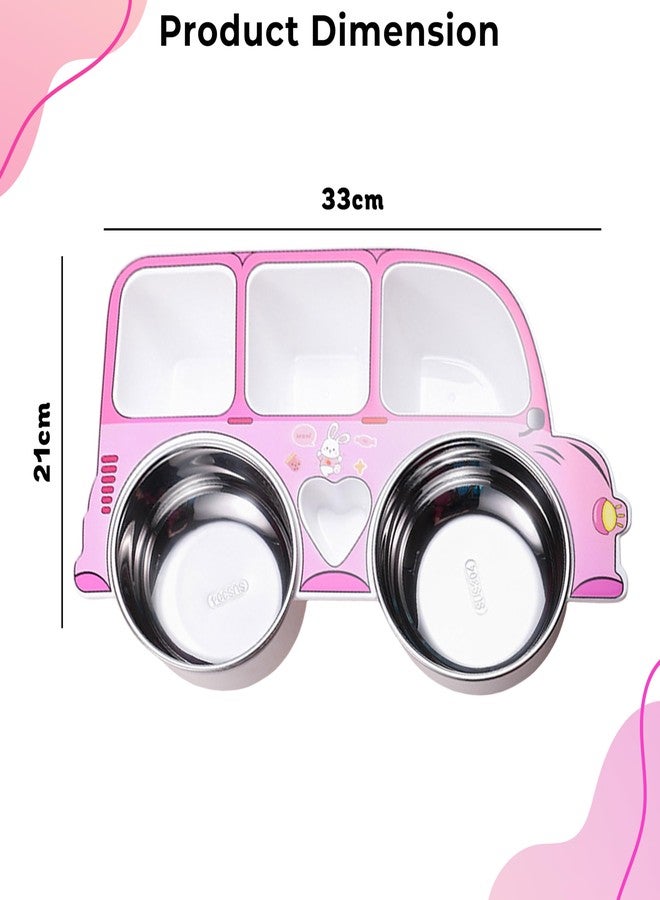 Bembika Stainless Steel Baby Feeding Plate ? Durable, Non-Toxic, Compact Kids Crockery Set with Safety Utensils for Tiny Hands, Easy to Clean, Perfect Baby Dinner Set-(Pink Car Design) - Image 3
