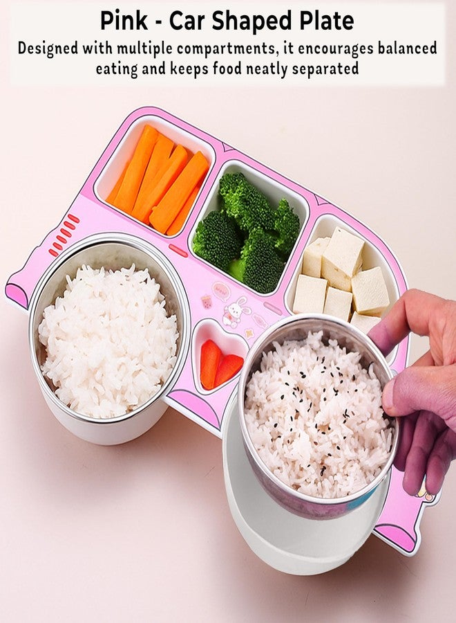 Bembika Stainless Steel Baby Feeding Plate ? Durable, Non-Toxic, Compact Kids Crockery Set with Safety Utensils for Tiny Hands, Easy to Clean, Perfect Baby Dinner Set-(Pink Car Design) - Image 2