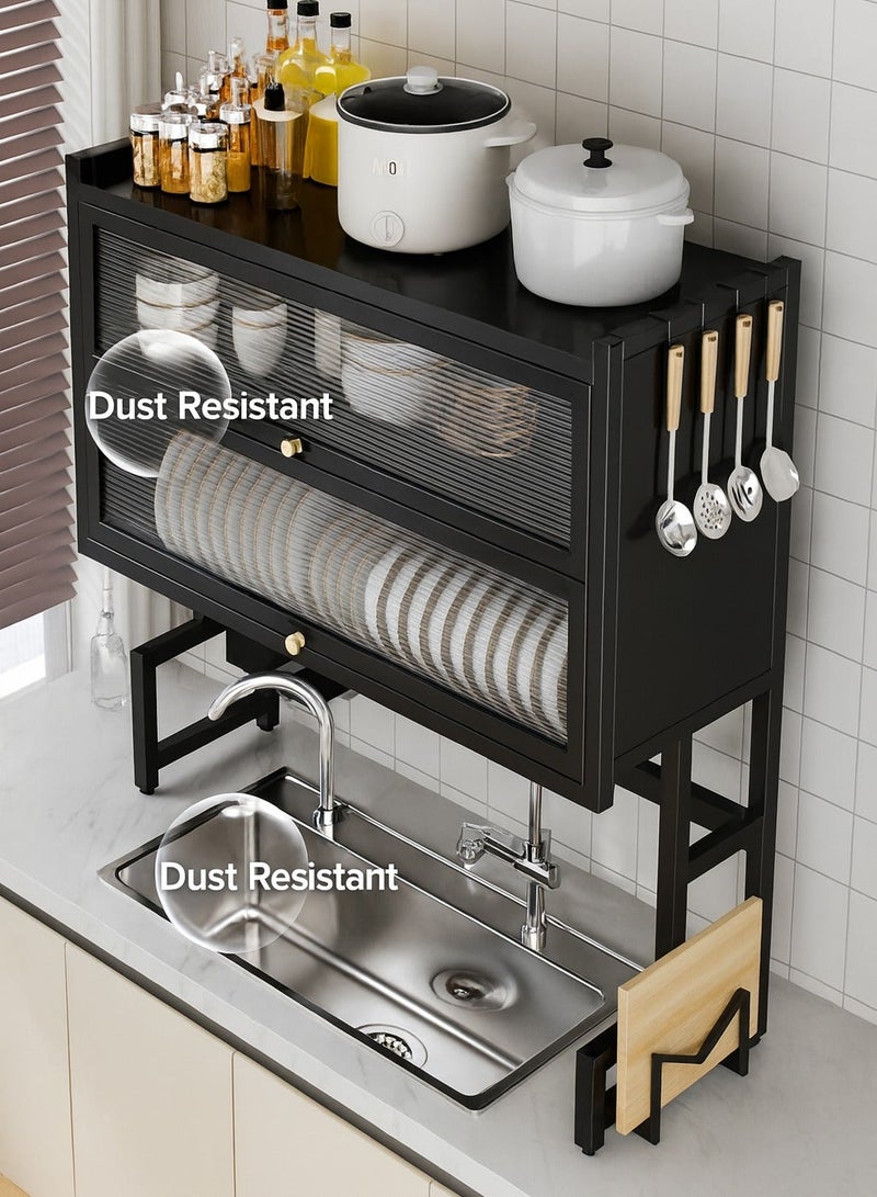 سيسلي رف تجفيف الأطباق للمطبخ، رف تخزين أدوات متعدد الاستخدامات وموفر للمساحة بطبقتين باللون الأسود، تصميم مقاوم للغبار وصرف الماء - Image 4