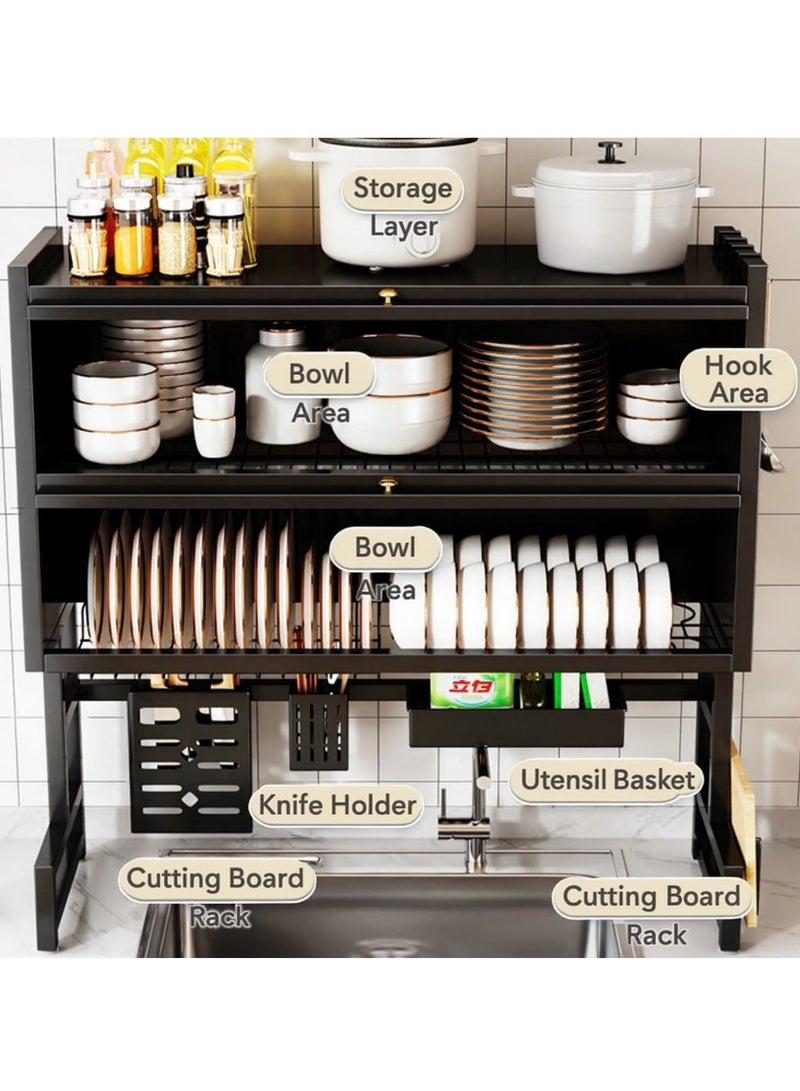 سيسلي رف تجفيف الأطباق للمطبخ، رف تخزين أدوات متعدد الاستخدامات وموفر للمساحة بطبقتين باللون الأسود، تصميم مقاوم للغبار وصرف الماء - Image 3
