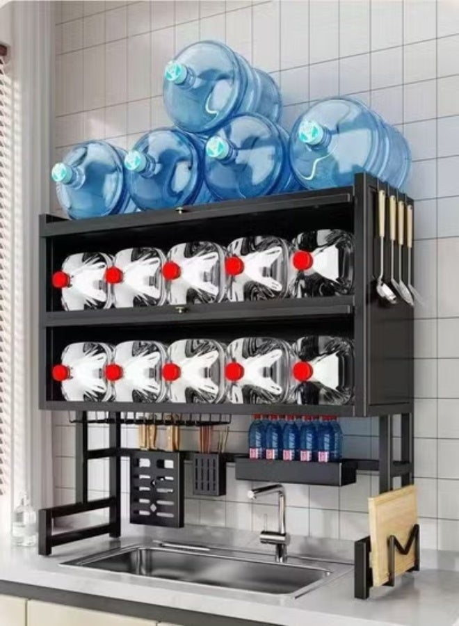 سيسلي رف تجفيف الأطباق للمطبخ، رف تخزين أدوات متعدد الاستخدامات وموفر للمساحة بطبقتين باللون الأسود، تصميم مقاوم للغبار وصرف الماء - Image 2
