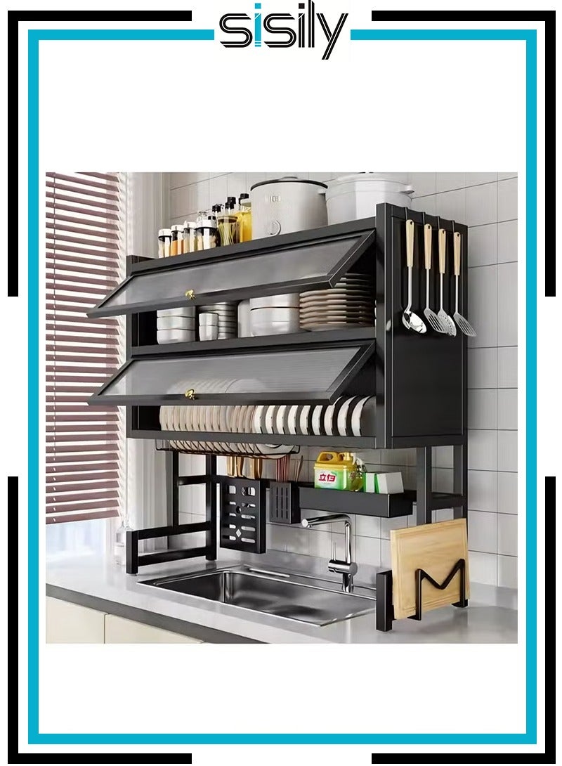 سيسلي رف تجفيف الأطباق للمطبخ، رف تخزين أدوات متعدد الاستخدامات وموفر للمساحة بطبقتين باللون الأسود، تصميم مقاوم للغبار وصرف الماء - Image 1