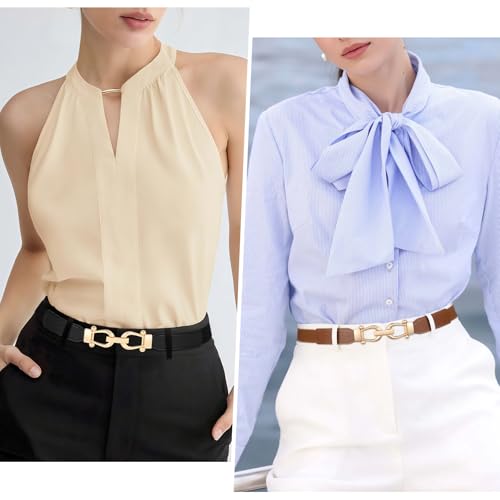 JASGOOD Women Skinny Elastic Belt for Dresses,Thin Retro Stretch Waist Belt with Golden Buckle 2 Pack,Black+Brown - Image 4