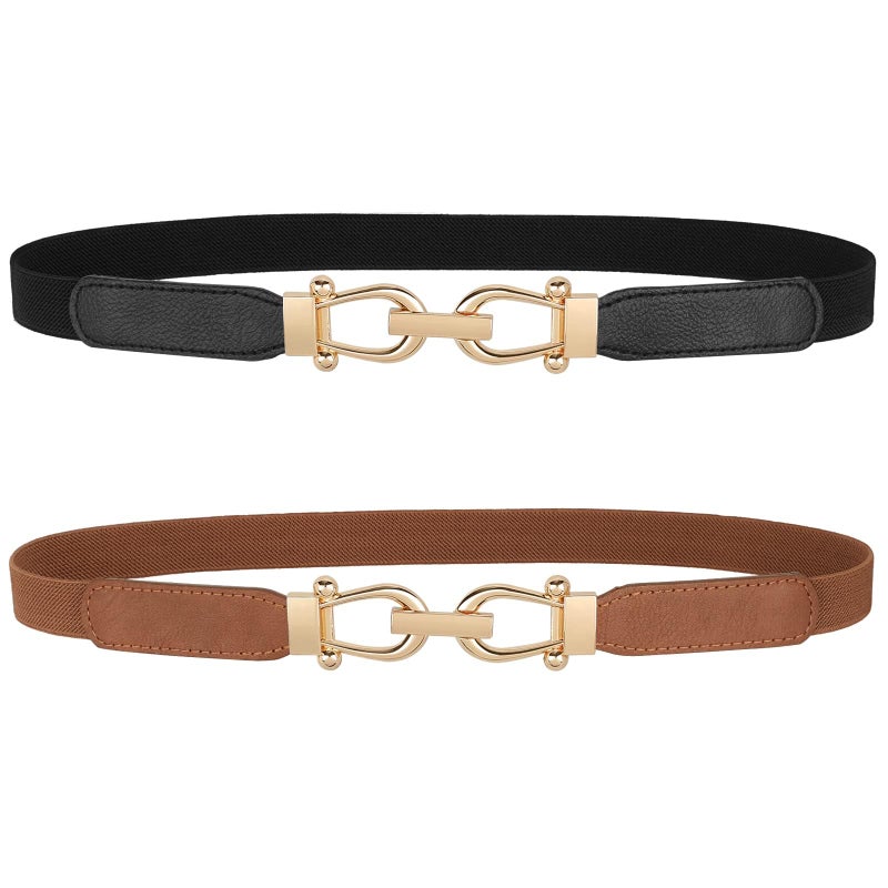 JASGOOD Women Skinny Elastic Belt for Dresses,Thin Retro Stretch Waist Belt with Golden Buckle 2 Pack,Black+Brown - Image 5
