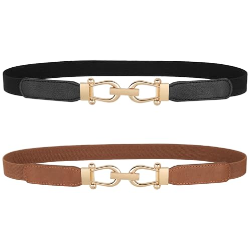 JASGOOD Women Skinny Elastic Belt for Dresses,Thin Retro Stretch Waist Belt with Golden Buckle 2 Pack,Black+Brown - Image 1