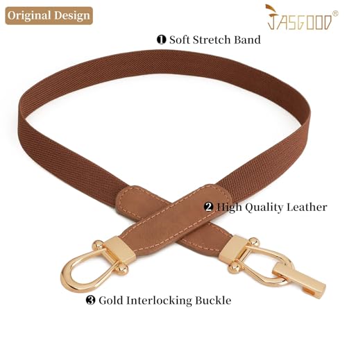 JASGOOD Women Skinny Elastic Belt for Dresses,Thin Retro Stretch Waist Belt with Golden Buckle 2 Pack,Black+Brown - Image 2