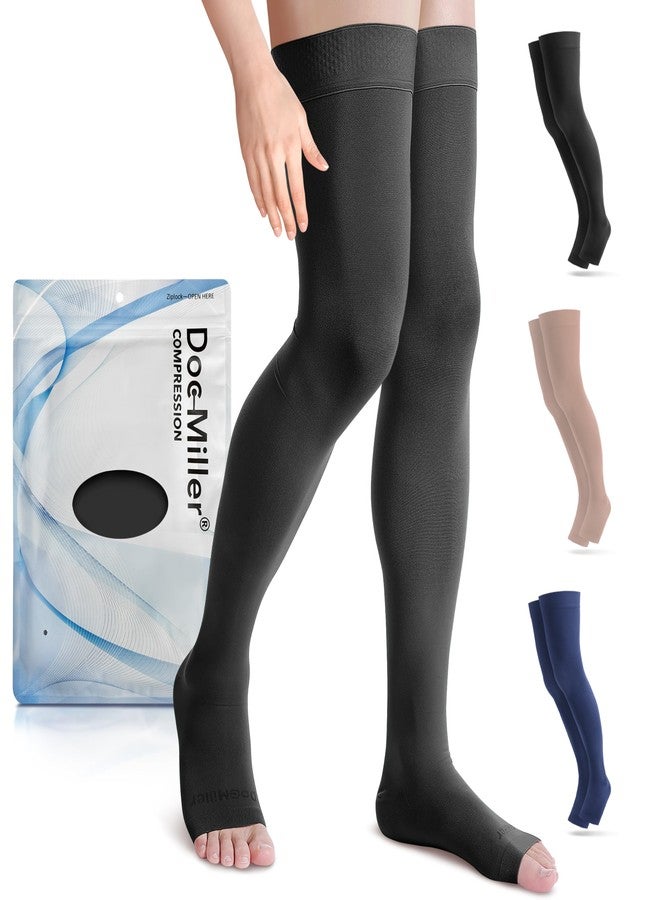 Doc Miller Thigh High Open Toe Compression Stockings 15-20mmHg for Varicose Veins, Pregnancy Support Open Toe Thigh High Compression Socks for Women and Men (Black, 3X-Large) - Image 1