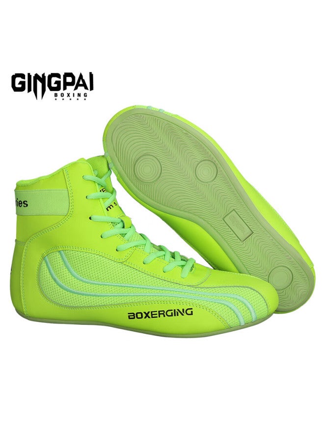 Competing pie Compeive High-top Boxing Shoes For Men, Women, And Children, Mma Combat Training Shoes, Wrestling Shoes, Fitness Martial Arts Shoes, Green, Size 35 - Image 1