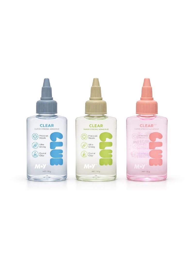 Moy Clear Liquid Glue 3-Pack Adhesive Glue 60ml Easy Squeeze Application, Fast-Drying Formula, Ideal for School Projects, Office Work and All Purpose Use Pink Blue Green - Image 1