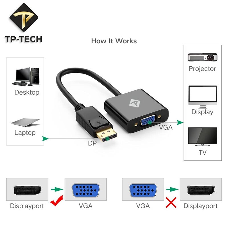 TP-TECH DP (DisplayPort) to VGA Adapter Male to Female 1080P, Compatible with Computer, Desktop, Laptop, PC, Monitor, Projector, HDTV - Image 2