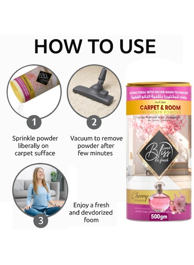 BLISS Fresh Carpet Powder & Room Freshener, Antibacterial Silver Nano Odor Eliminator 2X500G, Cherry Blossom Scent - Image 3