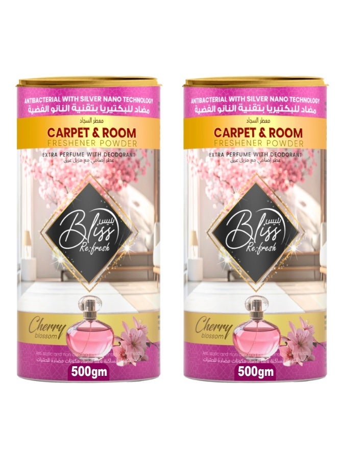 BLISS Fresh Carpet Powder & Room Freshener, Antibacterial Silver Nano Odor Eliminator 2X500G, Cherry Blossom Scent - Image 1