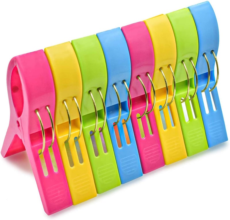 Jabinco Beach Towel Clips Chair Clips Towel Holder Plastic Clothes Pegs Hanging Clip Clamps  Yellow Blue Green Red (Pack Of 8) - Image 1