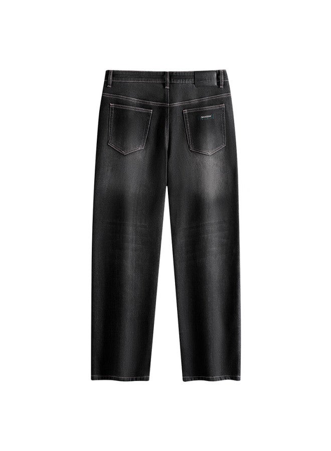Dance With Wolves Straight-leg Denim Jeans Vintage Stretch Warm Men's Pants 002 Black Gray 28