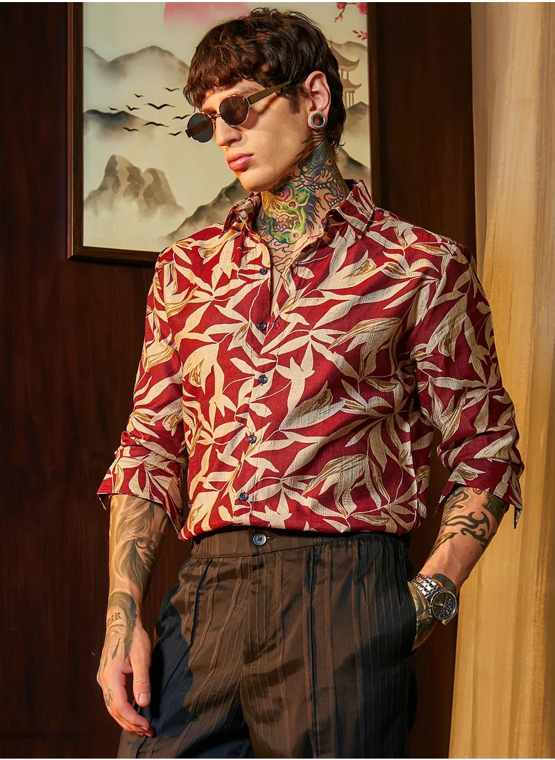 Campus Sutra Men's Sangria Red Flóré Noir Shirt
