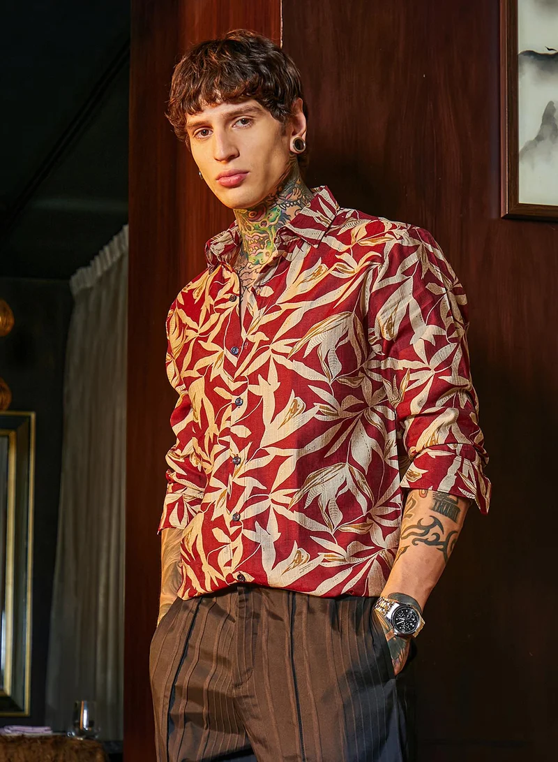 Campus Sutra Men's Sangria Red Flóré Noir Shirt