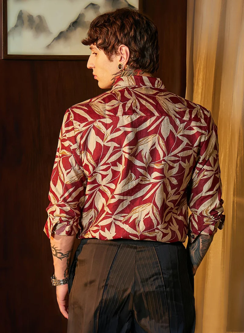 Campus Sutra Men's Sangria Red Flóré Noir Shirt