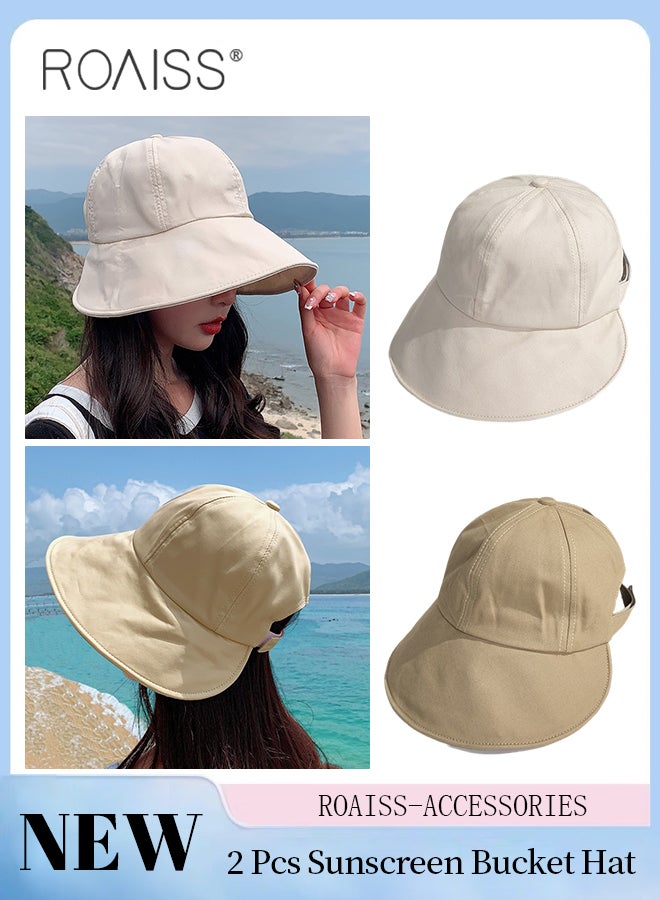 roaiss 2 Pcs Sunscreen Bucket Hat for Women Wide Brim UV Protection Sun Hat Spring Summer Casual Travel Adjustable Packable Baseball Cap Ponytail Comfort Beige and Khaki  - Image 1