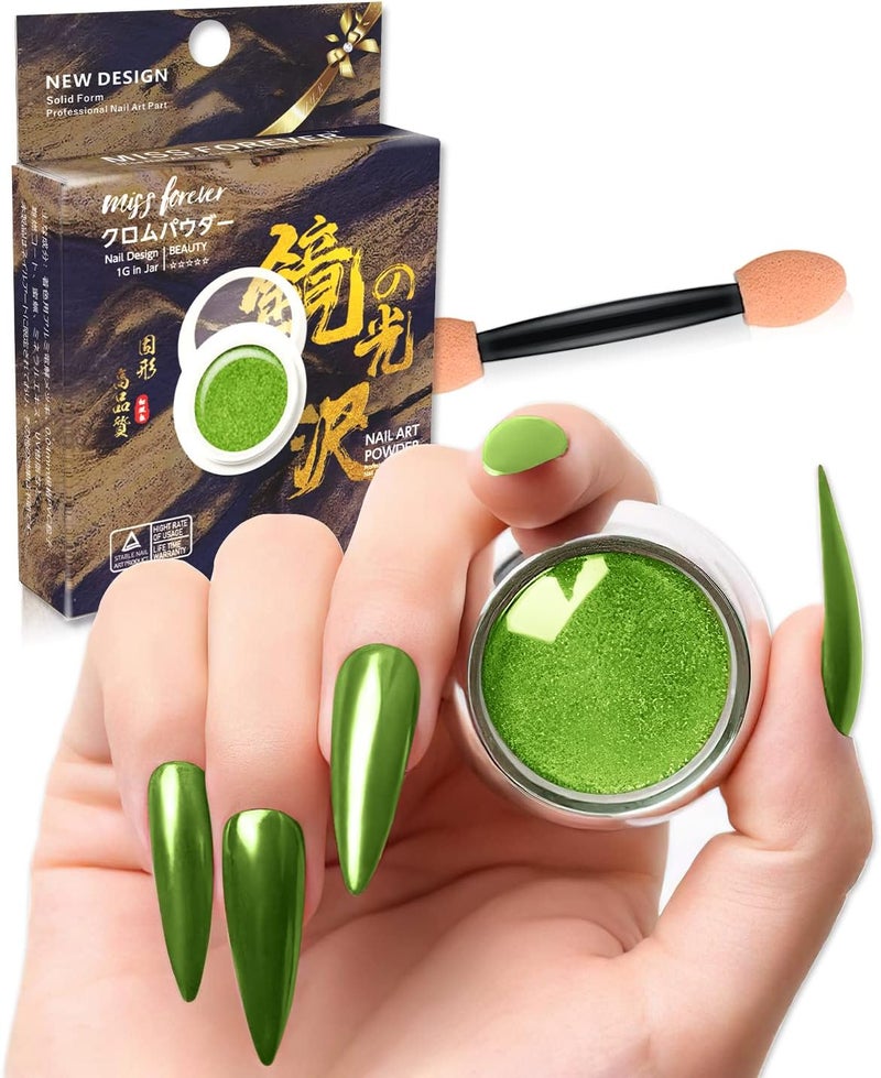 Miss Forever Dark Emerald Green Chrome Nail Powder Mirror Effect Solid Shimmer Pigment Olive Color Dust for French Manicure Tips Iridescent Lime Metallic Glitter