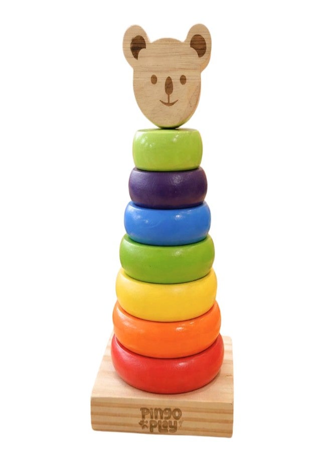 Pingo Play Wooden Ring Stacker Toy for Babies 6 Months+ | Colorful Vertical 7 Stacking Rings with Bear Face Topper | Non-Toxic | Montessori Toy for Early Learning & Motor Skills - Image 1