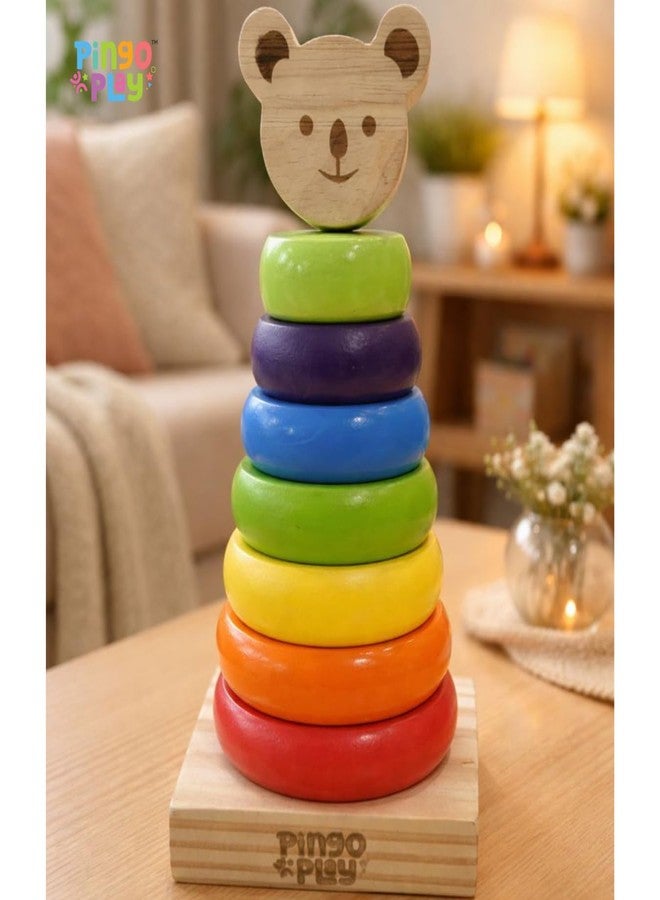 Pingo Play Wooden Ring Stacker Toy for Babies 6 Months+ | Colorful Vertical 7 Stacking Rings with Bear Face Topper | Non-Toxic | Montessori Toy for Early Learning & Motor Skills - Image 2