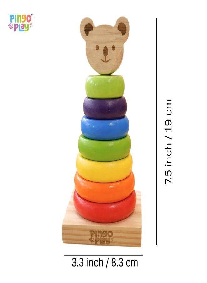 Pingo Play Wooden Ring Stacker Toy for Babies 6 Months+ | Colorful Vertical 7 Stacking Rings with Bear Face Topper | Non-Toxic | Montessori Toy for Early Learning & Motor Skills - Image 3