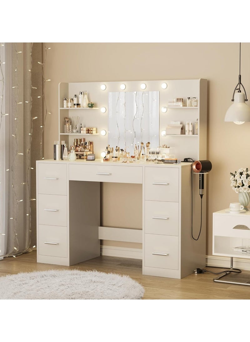 Organized Home Combination Dressing Table with Mirror LED Lights and Power Outlet with 7 Drawers and 6 Storage Shelves for Bedroom White - Image 5