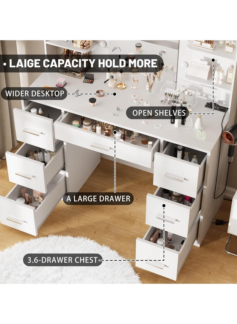 Organized Home Combination Dressing Table with Mirror LED Lights and Power Outlet with 7 Drawers and 6 Storage Shelves for Bedroom White - Image 4