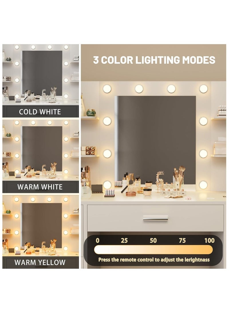 Organized Home Combination Dressing Table with Mirror LED Lights and Power Outlet with 7 Drawers and 6 Storage Shelves for Bedroom White - Image 3