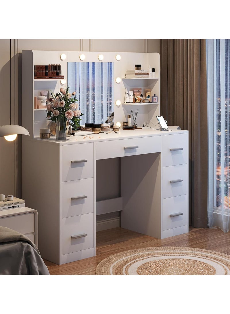 Organized Home Combination Dressing Table with Mirror LED Lights and Power Outlet with 7 Drawers and 6 Storage Shelves for Bedroom White - Image 1