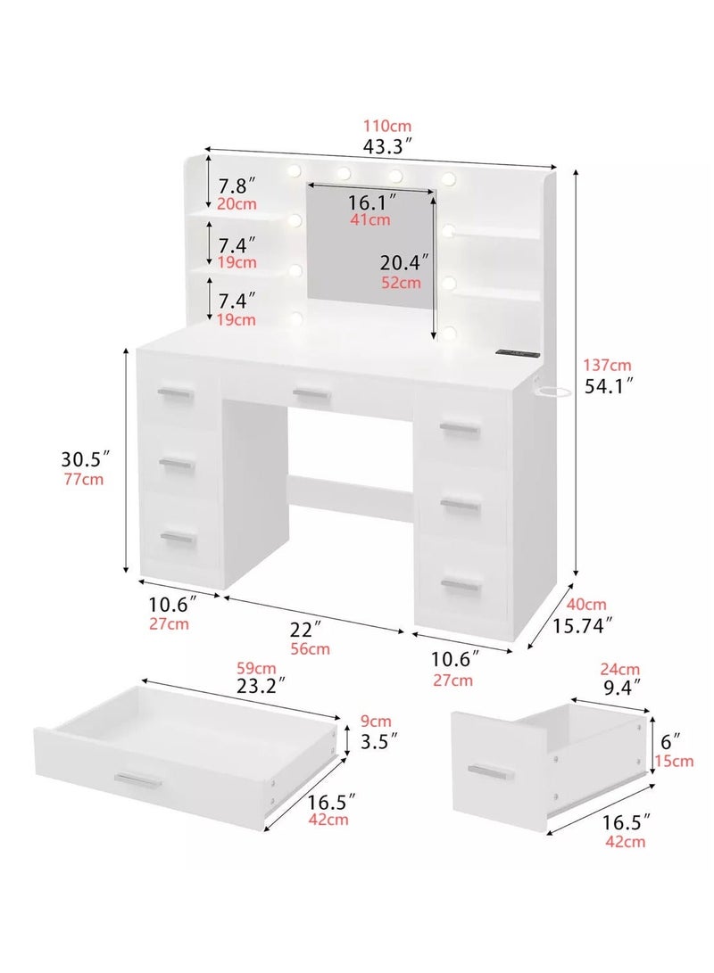 Organized Home Combination Dressing Table with Mirror LED Lights and Power Outlet with 7 Drawers and 6 Storage Shelves for Bedroom White - Image 2