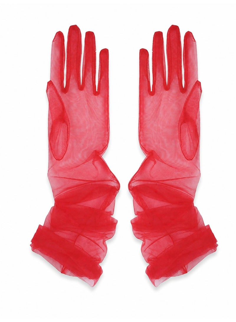 70cm Women Long Tulle Opera Gloves Bridal Wedding Party Dress Gloves Red Flower Elegant Costume Gloves - Image 1