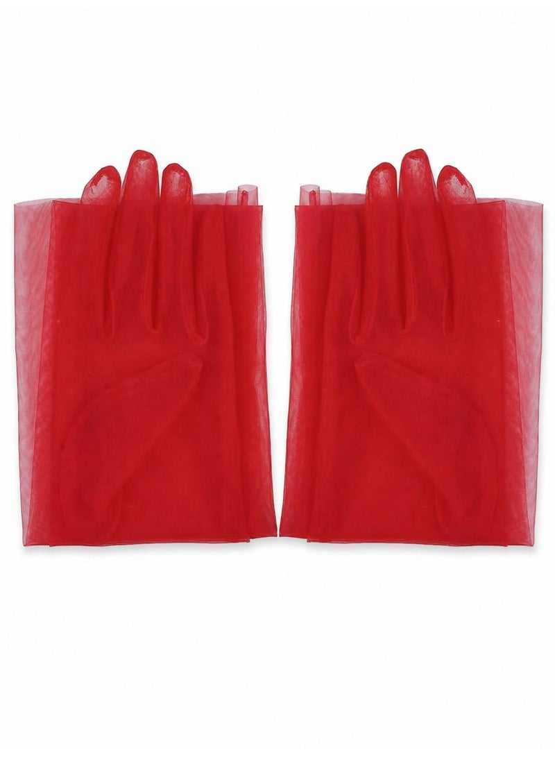 70cm Women Long Tulle Opera Gloves Bridal Wedding Party Dress Gloves Red Flower Elegant Costume Gloves - Image 3