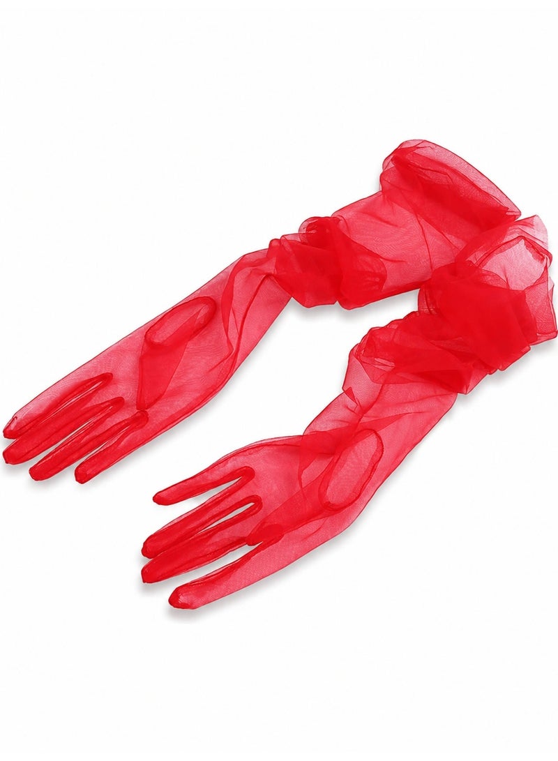 70cm Women Long Tulle Opera Gloves Bridal Wedding Party Dress Gloves Red Flower Elegant Costume Gloves - Image 2