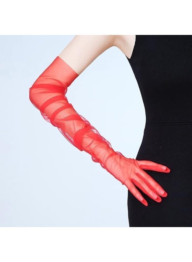 70cm Women Long Tulle Opera Gloves Bridal Wedding Party Dress Gloves Red Flower Elegant Costume Gloves - Image 4