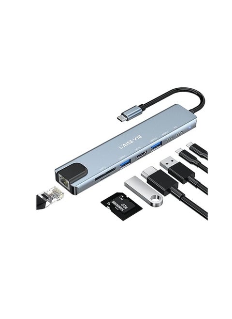 USB C Hub, 8-in-1 USB C Port hub to Rj45 Ethernet Port USB3.0 & 2.0 Port 1*PD 100W Charging USB 1*USB/C Port 1 HDMI Port 1Tf & 1SD Port