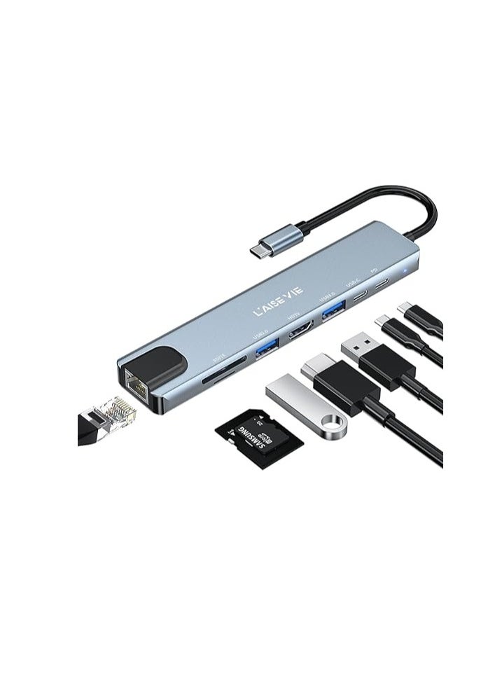 Generic - USB C Hub, 8-in-1 USB C Port hub to Rj45 Ethernet Port USB3.0 & 2.0 Port 1*PD 100W Charging USB 1*USB/C Port 1 HDMI Port 1Tf & 1SD Port - Image 1