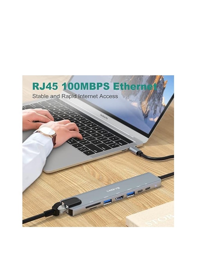 Generic - USB C Hub, 8-in-1 USB C Port hub to Rj45 Ethernet Port USB3.0 & 2.0 Port 1*PD 100W Charging USB 1*USB/C Port 1 HDMI Port 1Tf & 1SD Port - Image 1