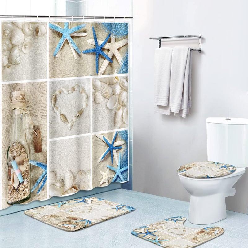 Britimes Britimes 4 Piece Shower Curtain Sets with 12 Hooks Beach Summer Seashells Sea Shell with NonSlip Rugs Toilet Lid Cover and Bath Mat for Bathroom Decor Set 72 x 72 