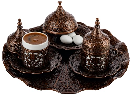 DEMMEX 2024 Turkish Greek Arabic Coffee Serving Set with Cups, Saucers, Cup Holders, Lids, Sugar Bowl & Lid and Tray, 11 Pcs (Antique), Medium - Image 1