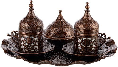DEMMEX 2024 Turkish Greek Arabic Coffee Serving Set with Cups, Saucers, Cup Holders, Lids, Sugar Bowl & Lid and Tray, 11 Pcs (Antique), Medium - Image 5