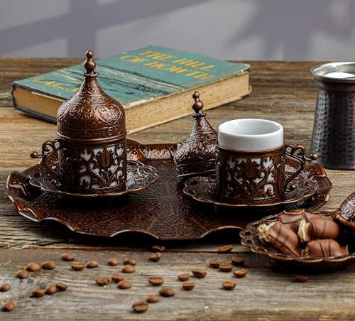 DEMMEX 2024 Turkish Greek Arabic Coffee Serving Set with Cups, Saucers, Cup Holders, Lids, Sugar Bowl & Lid and Tray, 11 Pcs (Antique), Medium - Image 4