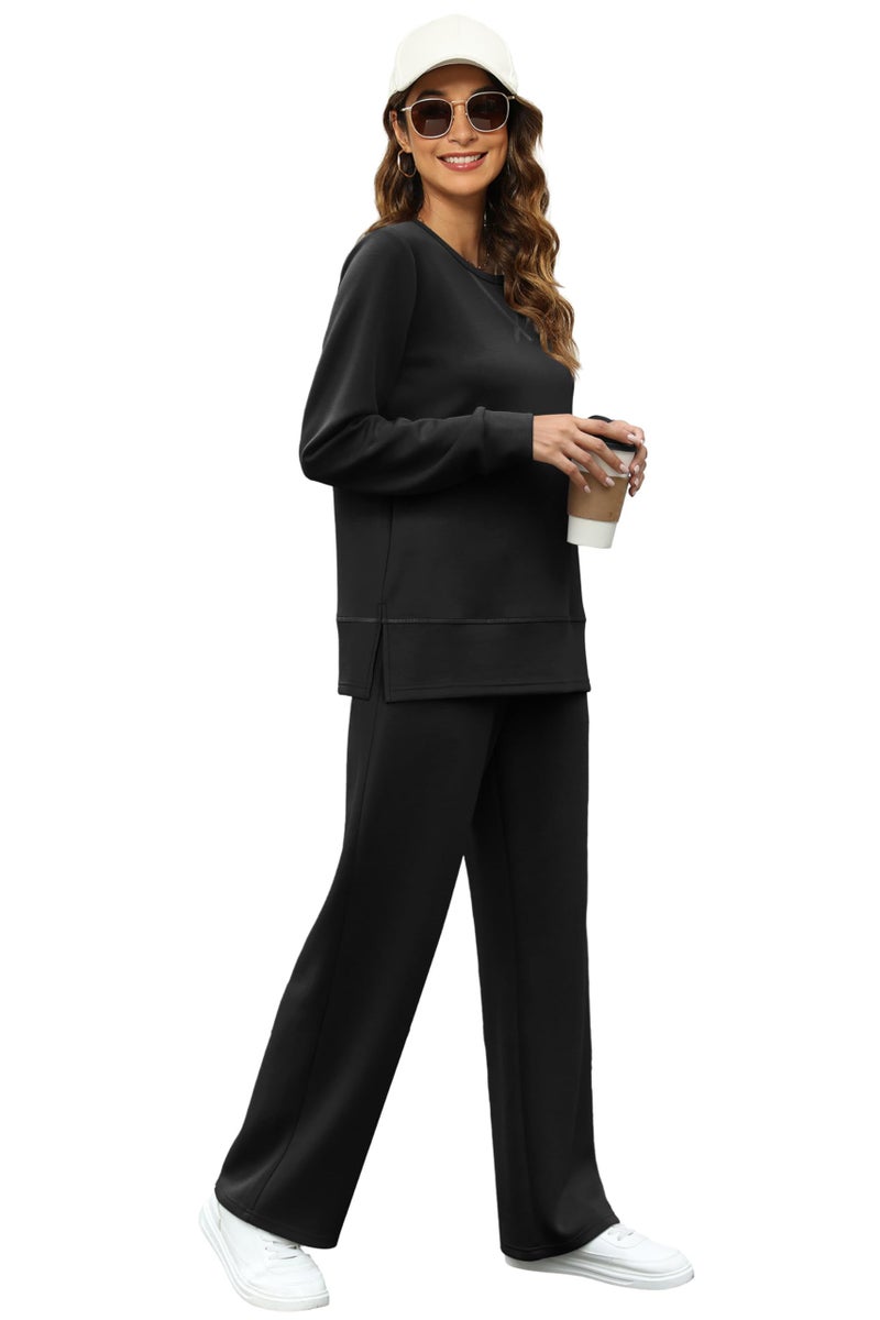 OFEEFAN Women's Lounge Sets Casual Fall 2 Piece Travel Outfits Winter Long Sleeve Vacation Tracksuit Crewneck Loungewear Fashion Sweatsuit Wide Leg Sweatpants Matching Set Black M - Image 2