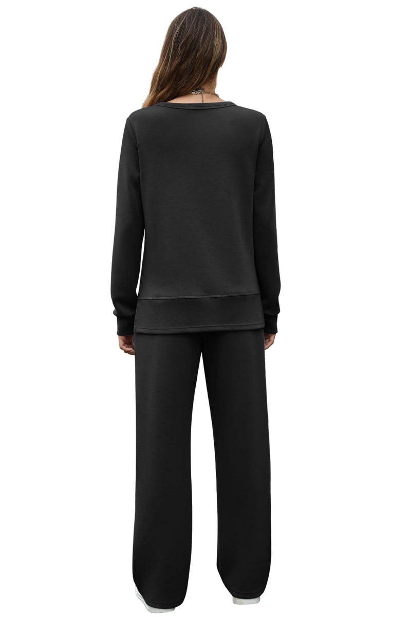 OFEEFAN Women's Lounge Sets Casual Fall 2 Piece Travel Outfits Winter Long Sleeve Vacation Tracksuit Crewneck Loungewear Fashion Sweatsuit Wide Leg Sweatpants Matching Set Black M - Image 4