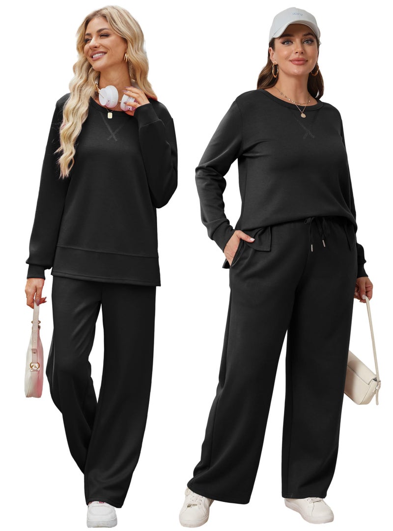 OFEEFAN Women's Lounge Sets Casual Fall 2 Piece Travel Outfits Winter Long Sleeve Vacation Tracksuit Crewneck Loungewear Fashion Sweatsuit Wide Leg Sweatpants Matching Set Black M - Image 5