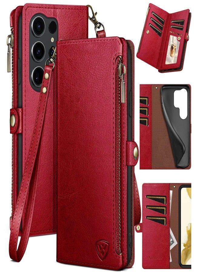 XcaseBar Compatible with Samsung Galaxy S25 Ultra Wallet case with Zipper Credit Card Holder【RFID Blocking】,Flip Folio Book PU Leather Phone case Shockproof Cover Women Men for S25 Ultra case Red - Image 1