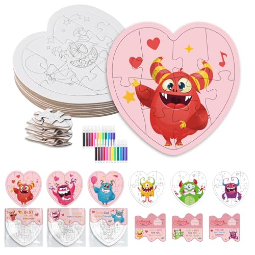 Fennoral 24 Pack Valentines Day Gifts for Kids Classroom Color Your Own Heart Monster Jigsaw Puzzles with Card DIY Coloring Valentines Day Craft Kit Art Activities Valentines Party Favor Supplies - Image 1