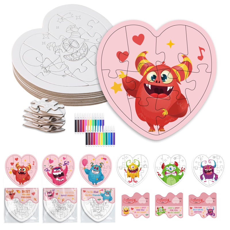 Fennoral 24 Pack Valentines Day Gifts for Kids Classroom Color Your Own Heart Monster Jigsaw Puzzles with Card DIY Coloring Valentines Day Craft Kit Art Activities Valentines Party Favor Supplies - Image 3